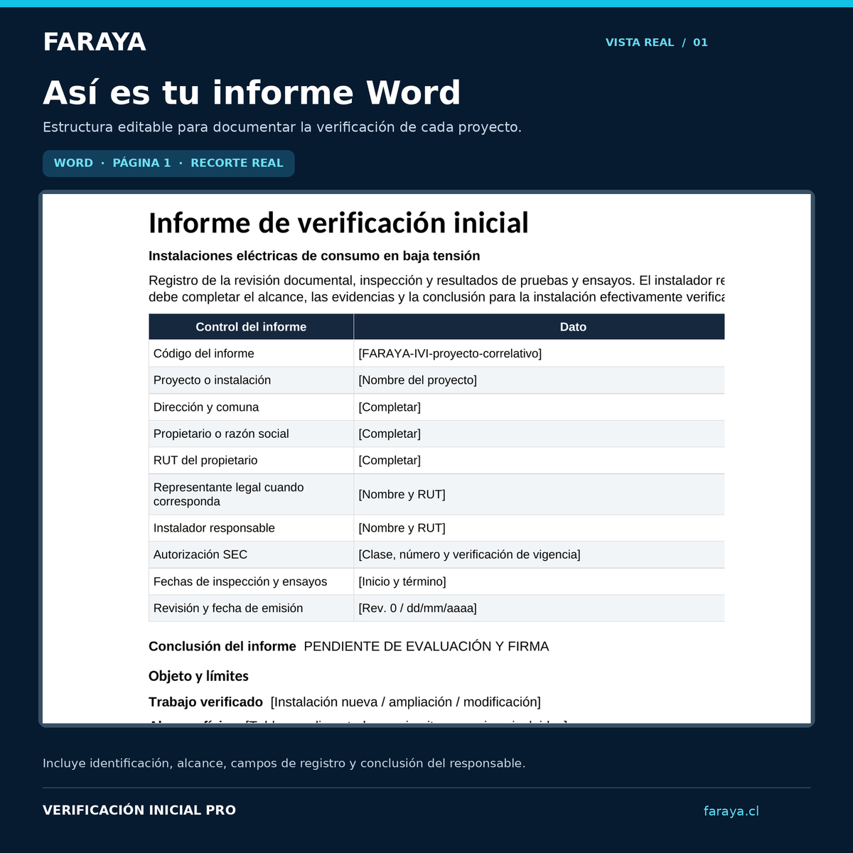 FARAYA Verificación Inicial PRO | Informe Word + Registro Excel para proyectos TE‑1