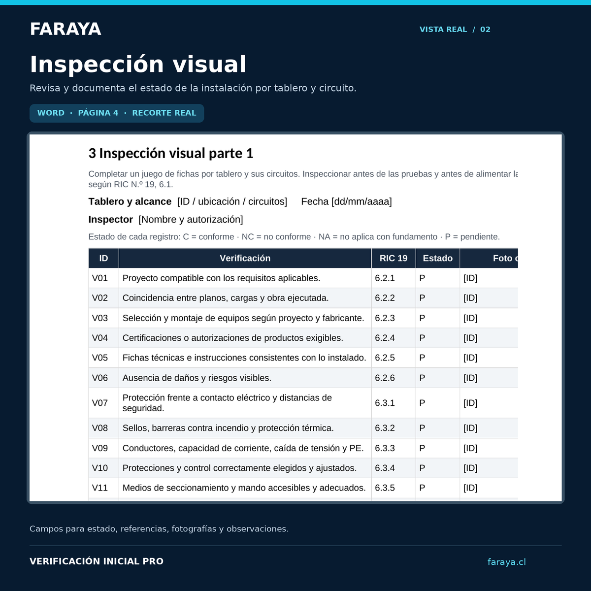 FARAYA Verificación Inicial PRO | Informe Word + Registro Excel para proyectos TE‑1