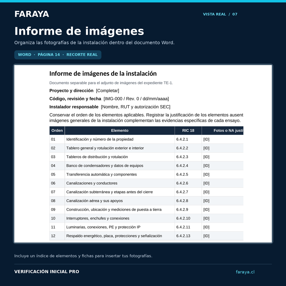 FARAYA Verificación Inicial PRO | Informe Word + Registro Excel para proyectos TE‑1