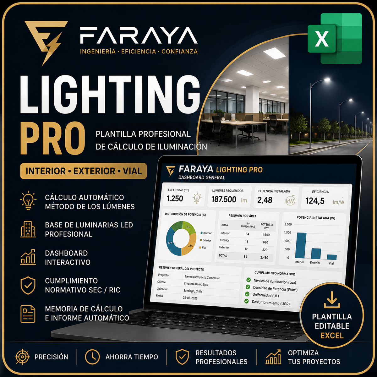 FARAYA Lighting Pro™ | Plantilla Excel Profesional para Cálculo de Iluminación Interior y Exterior