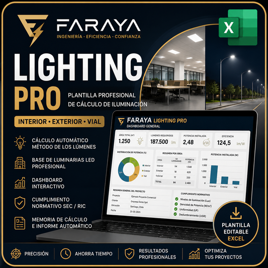 FARAYA Lighting Pro™ | Plantilla Excel Profesional para Cálculo de Iluminación Interior y Exterior